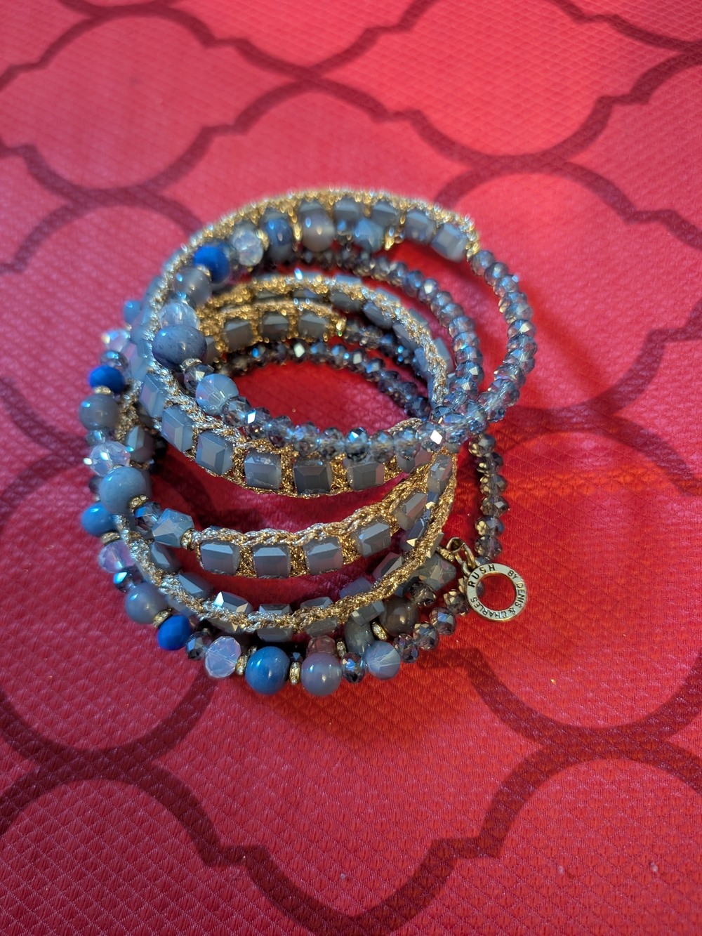 Rush By Denis & Burke Beaded Coil Bracelet Stack in Blues and Gray